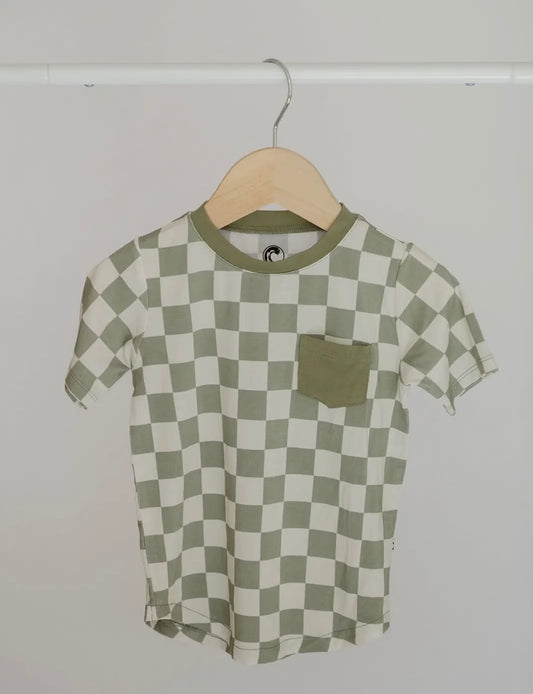 Boys Checkered Pocket Tee- Sage